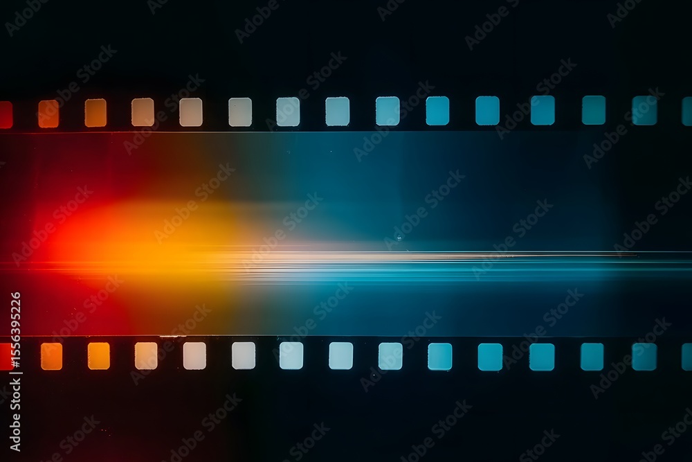 Obraz premium A blank film strip with white frames on dark background. The left side of the frame is illuminated by red light, and the right part has a gradient from blue to yellow color. 
