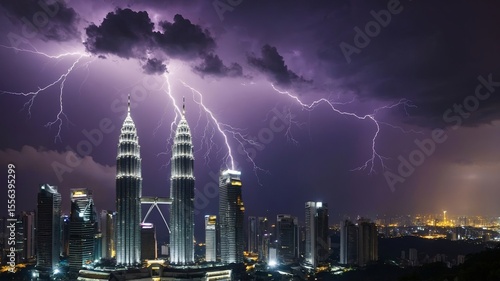 Lightning Strikes Over Kuala Lumpur Skyline at Night With Petronas Towers Illuminated Against Dark Storm Clouds
