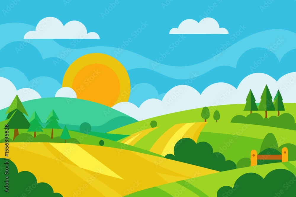 Fototapeta premium Vibrant cartoon landscape with rolling green hills and a bright sun