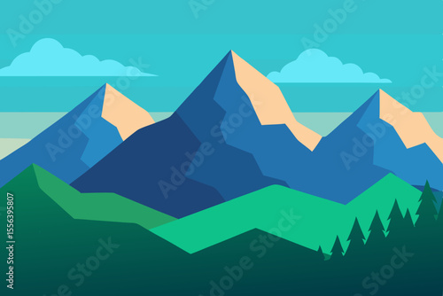 Stylized geometric mountain landscape with clouds and pine trees