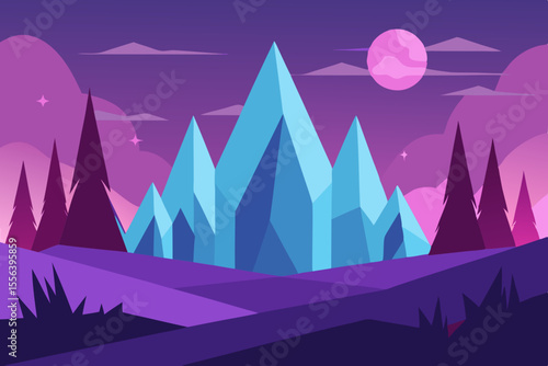 Stylized geometric landscape with icy peaks under a purple twilight sky