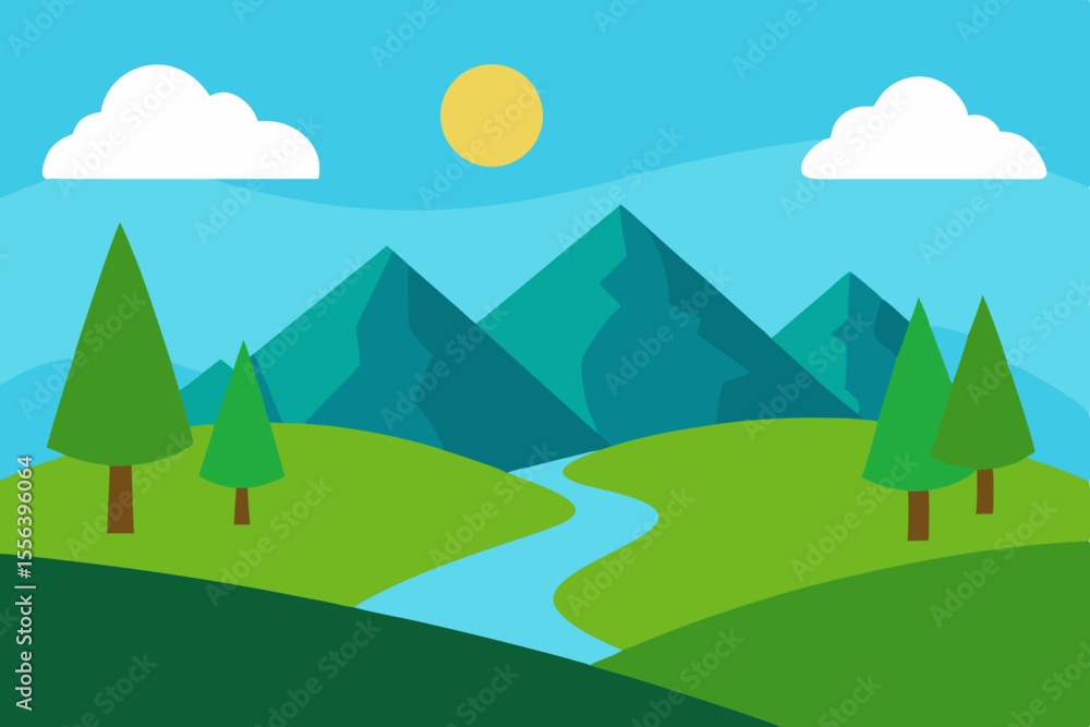Fototapeta premium Stylized flat design landscape with mountains river trees and sun