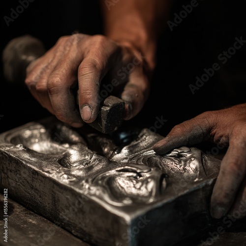 Artisan crafting metal mold with hammer.