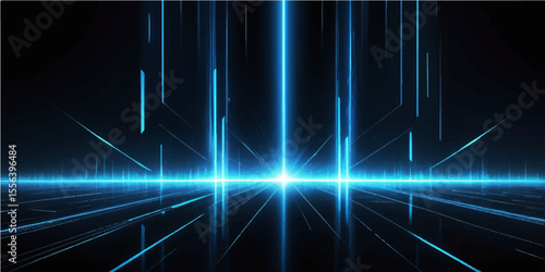 Abstract blue background with flowing lines and arrows depicts futuristic digital technology, business data, and internet concepts