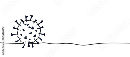 virus cell particle symbol sign,Hand Drawn One continuous line drawing for Poster, banner, background with lettering, Doodle outline, monoline lineArt with place for text free space negative space