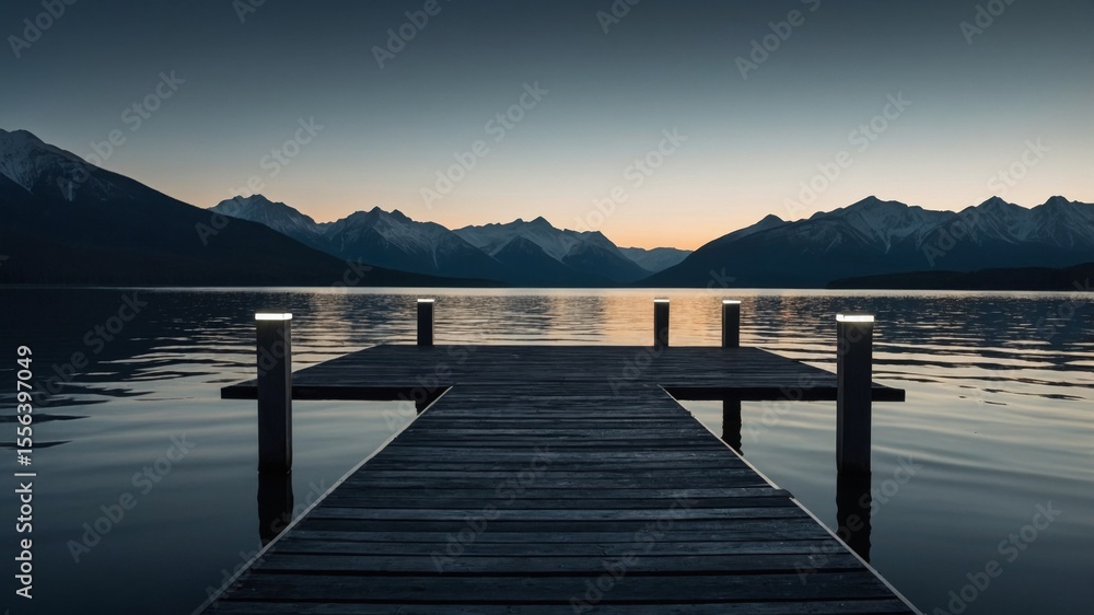 Obraz premium Peaceful Wooden Dock at Twilight Overlooking Tranquil Lake and Distant Mountains During Sunset