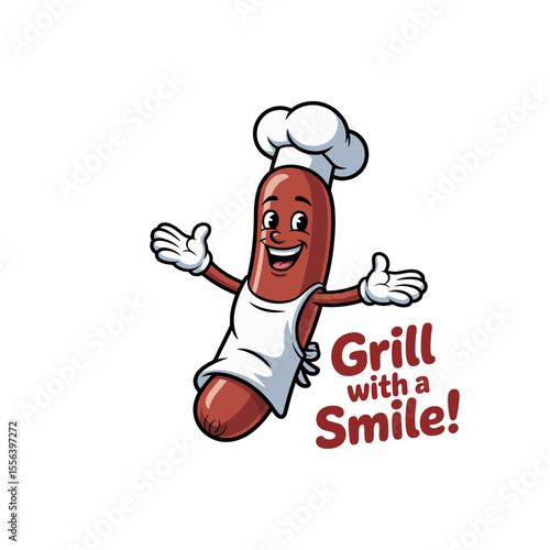 Grill with a Smile: A cheerful cartoon sausage character, adorned with a chef's hat and apron, welcomes all with open arms. Perfect for any grilling event!