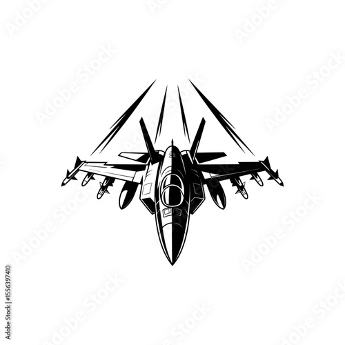 Soaring Silhouette: A dramatic high-angle illustration of a modern fighter jet, viewed from below as it streaks across the sky, symbolizing power, precision, and speed.