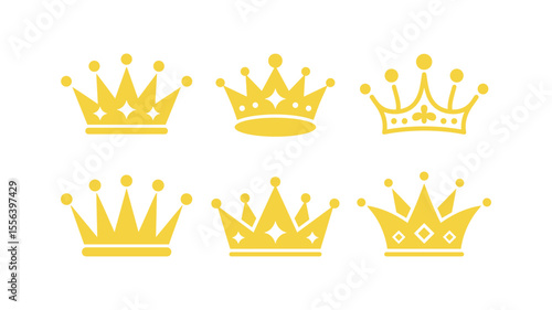 Golden Crown Ensemble: A collection of six elegant golden crowns, each with unique details and regal charm, ready to adorn a king or queen's head.