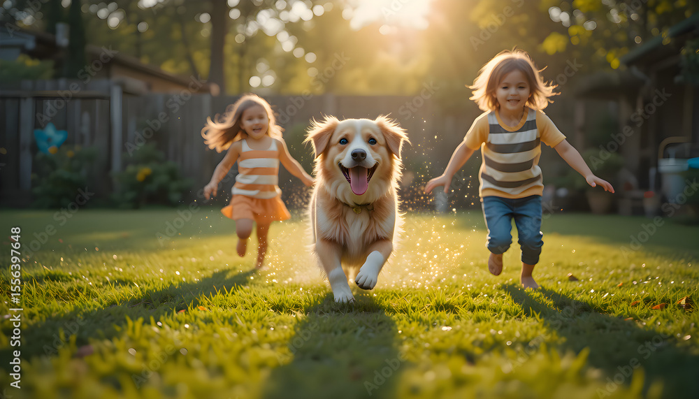 Obraz premium Two little girls running joyfully with a dog in a grassy backyard, capturing the spirit of play and childhood happiness
