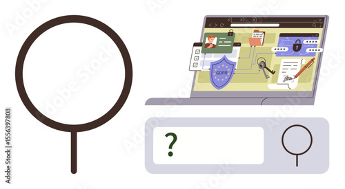 Magnifying glass, question mark, and laptop display secure connection, password, shield, and data files. Ideal for online security, data analysis, digital privacy safe browsing technology