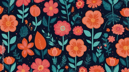 Wallpaper Mural Colorful Floral Pattern Featuring Vibrant Flowers and Green Leaves on a Dark Background Ideal for Fabric Design or Digital Wallpaper Usage Torontodigital.ca