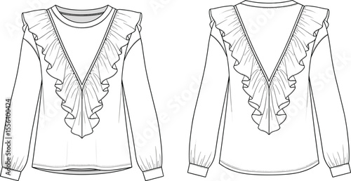 Technical flat sketch of women's long sleeve blouse with ruffle detail, front and back view, CAD fashion drawing, vector illustration