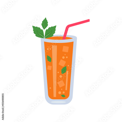 Refreshing Iced Orange Mint Drink with Straw and Ice Cubes