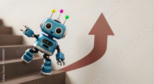Toy robot climbs stairs toward upward arrow