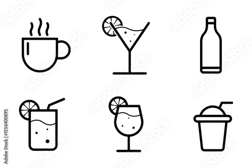 Six lineart icons depict various beverages hot coffee, martini glass, bottle, juice with straw, wine glass, and a slushy cup.