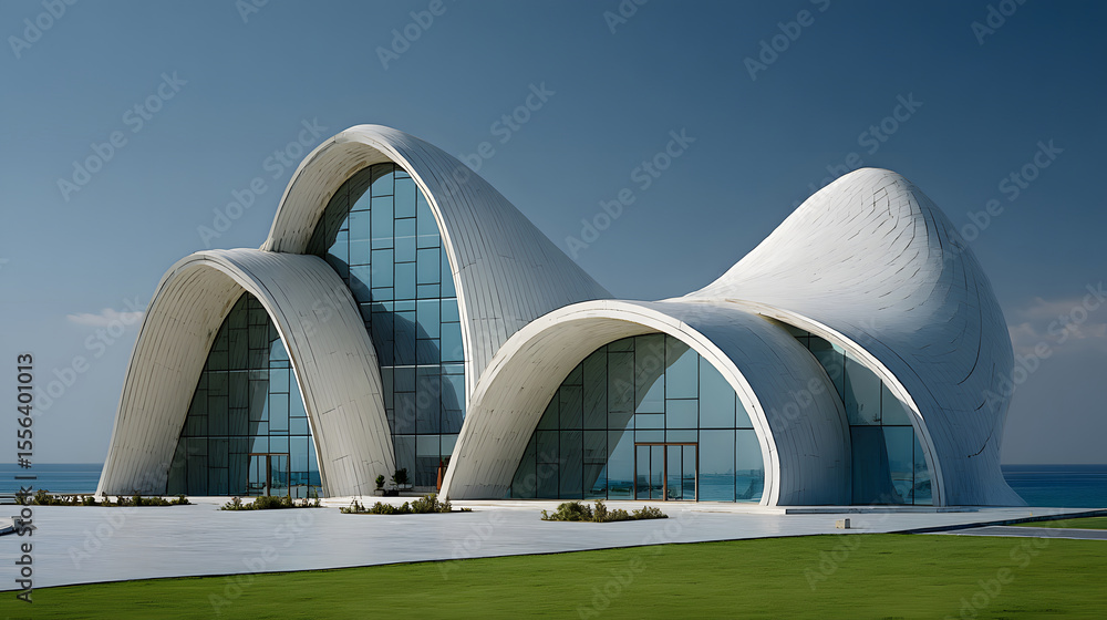 Fototapeta premium White Futuristic Building with Curved Architecture and Glass Facade