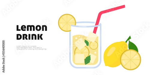 Refreshing Iced Lemon Drink with Slices and Straw Background