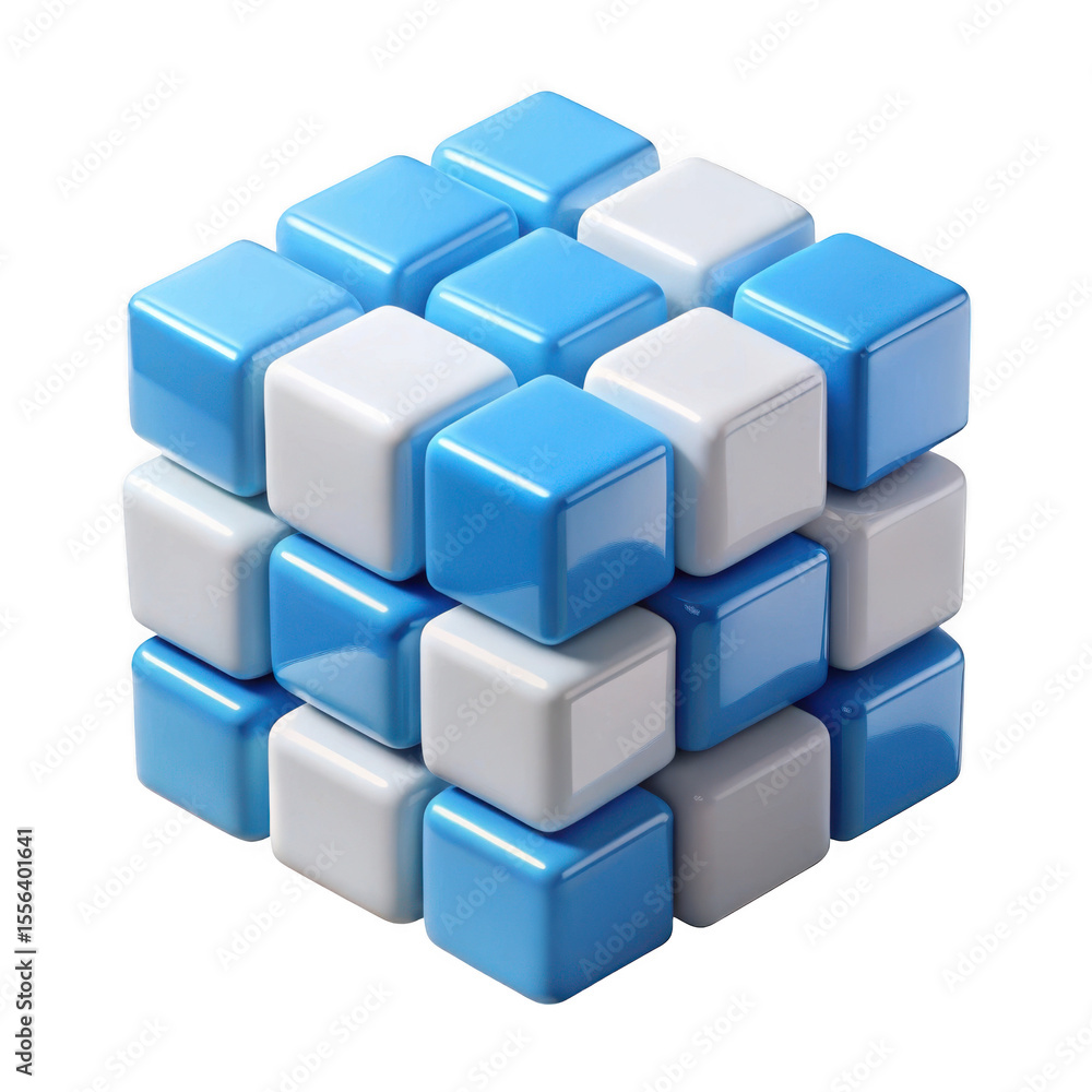 Obraz premium Abstract cube structure made of blue and white blocks isolated on transparent background
