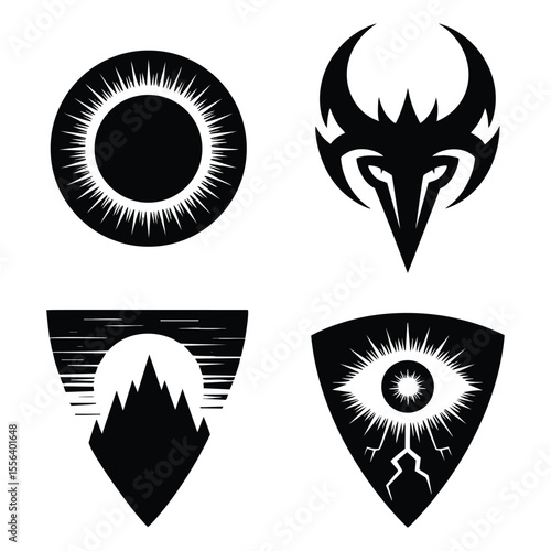 Four Monochromatic Symbols: Celestial, Tribal, Mountain, and Eye Designs - Perfect for Branding and Design Projects