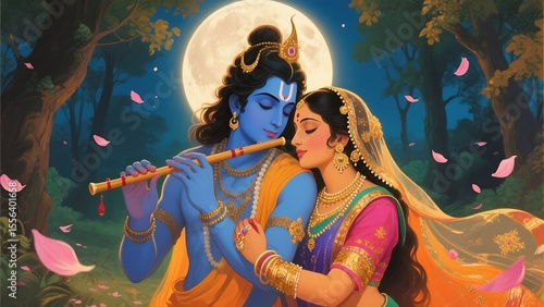 Lord krishna plays flute for radha under a full moon in a mystical forest