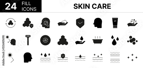 Collection of 24 skin care fill icons featuring editable strokes. These outline icons depict various modes of skin care skincare icon, vector, skin, cosmetic, pore, acne, 