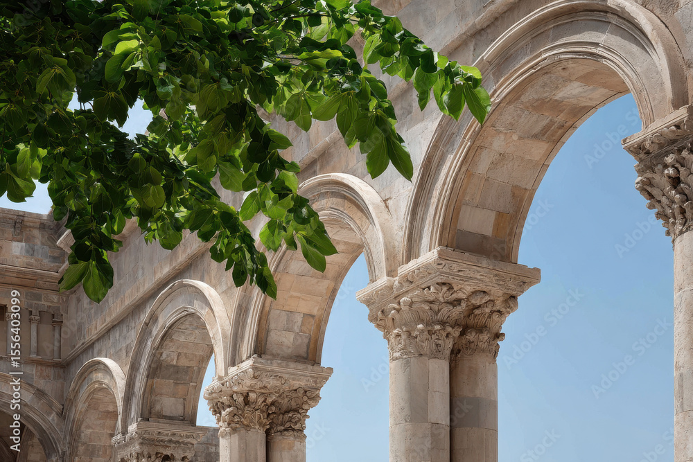 Obraz premium stunning view of yerevans architectural details featuring ancient arch surrounded by lush greenery