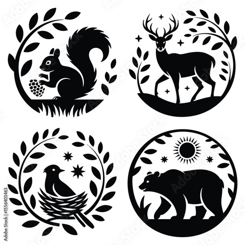 Elegant Black and White Wildlife Illustrations: Squirrel, Deer, Bird, Bear Circular Designs