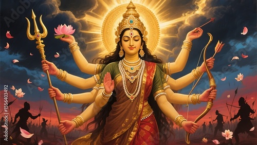 Goddess durga with multiple arms holding weapons and lotus flower in a battle scene