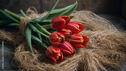 A bouquet of red tulips tied with a raffia string
