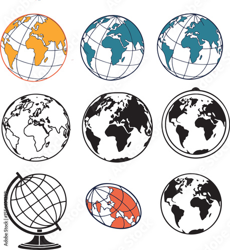 Grid of Nine Diverse Globe Illustrations Featuring Colorful and Monochrome Styles