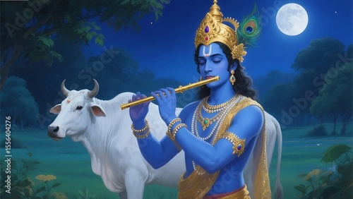 Lord krishna plays his flute under a full moon with a white cow nearby