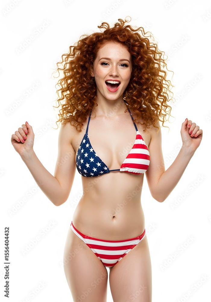 Naklejka premium Beautiful American woman in flag bikini, celebration post Independence Day July 4th