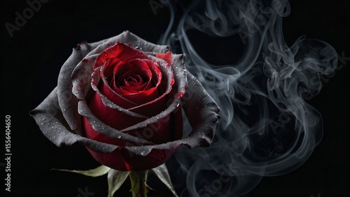 Red rose wrapped in smoke swirl on black background