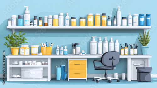 Modern Medical Office Interior With Shelves And Various Bottles