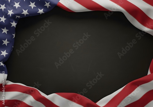Waving American flag draped across dark black background, 4th of July Independence theme