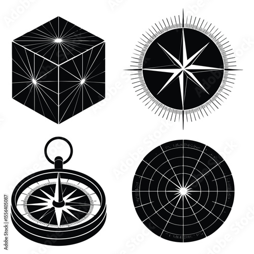 Compass Rose, Cube, Navigation Symbols: Black and White Geometric Designs