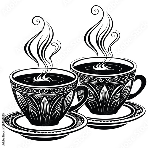 Ornate cups steaming hot beverages coffee saucers