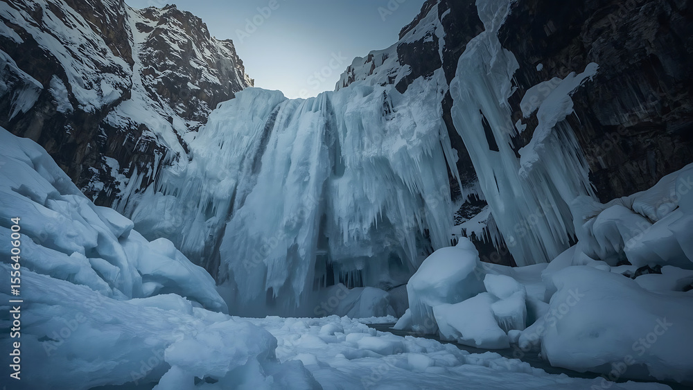Obraz premium Icy white glaciers adorn a cold winter mountain landscape with snow-covered rocks and frozen waterfalls