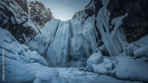 Wallpaper Mural Icy white glaciers adorn a cold winter mountain landscape with snow-covered rocks and frozen waterfalls Torontodigital.ca