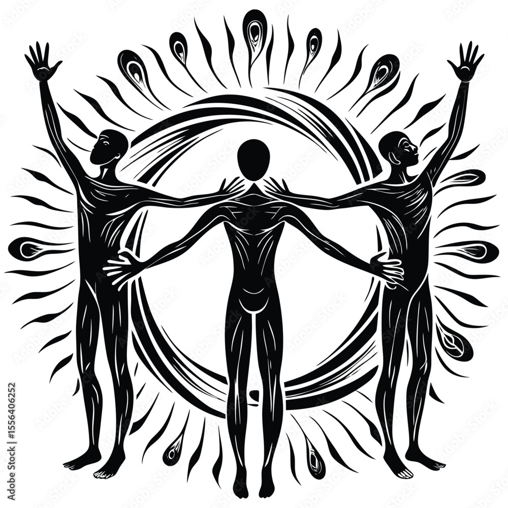 Fototapeta premium Three figures embracing circle with radiating lines