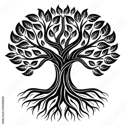 Stylized tree with intertwined branches and roots black and white