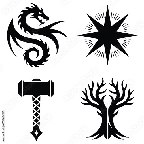 Pixel Art Symbols: Dragon, Star, Hammer, Tree - Norse Mythology Inspired Designs