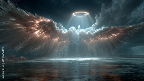 Majestic Angel Wings and Glowing Halo Above the Clouds. Generative AI