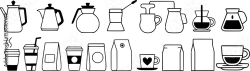 Black and white line art illustration of coffee brewing equipment and cups pots