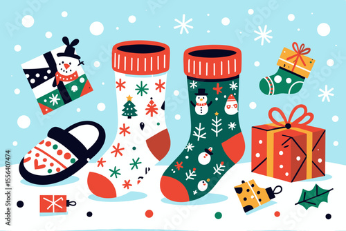 Festive Christmas Socks and Gifts Illustration with Snowflakes and Holiday Decorations for Seasonal Greetings