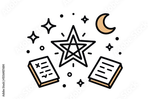 Magical Star with Moon and Books Illustration for Mystical Learning and Enchantment