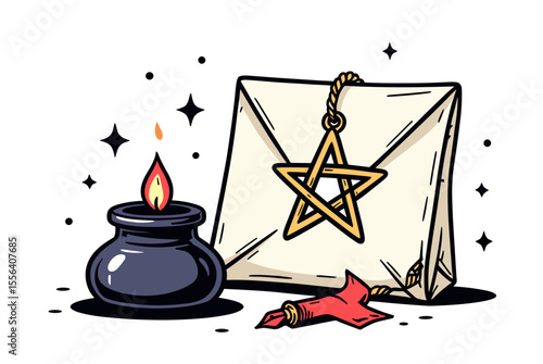 Mystical Ritual Illustration with Candle, Envelope, Pentagram, and Occult Symbols for Magic and Spiritual Practices