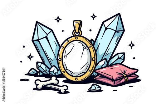 Cartoon Illustration of a Gold Locket Surrounded by Crystals and Bones, on a White Background