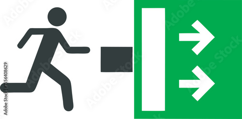 A running man pictogram indicating emergency exit to the right, isolated on a white background